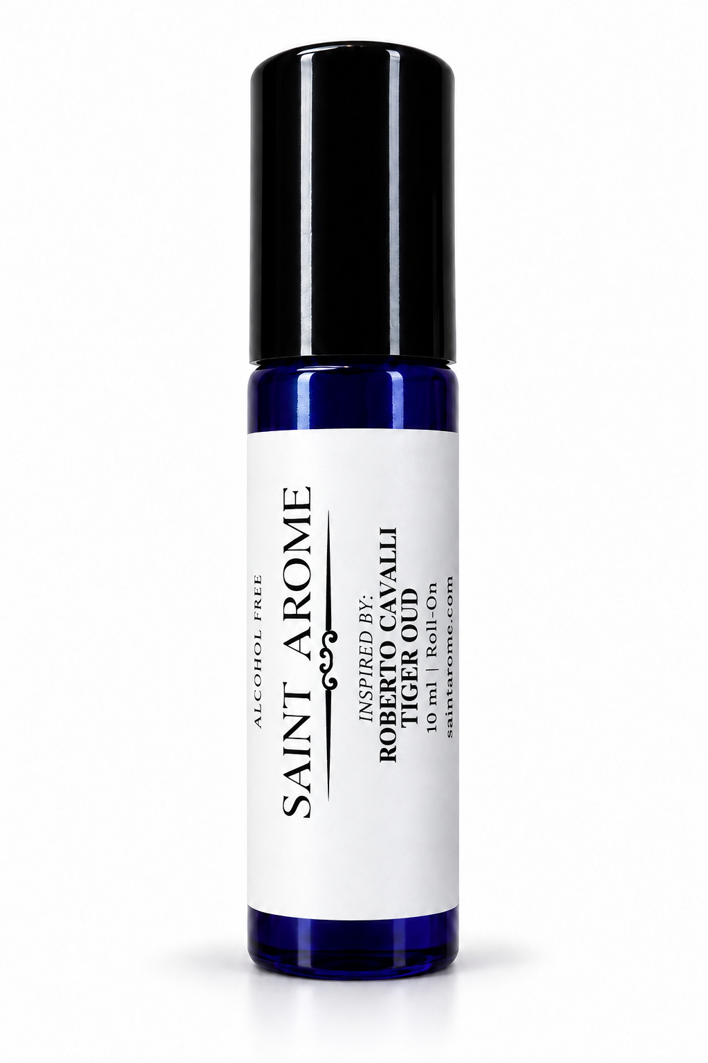 Saint Arôme alcohol-free roll-on fragrance oil inspired by Roberto Cavalli Tiger Oud, 10 ml, in a blue rollerball bottle on a white background